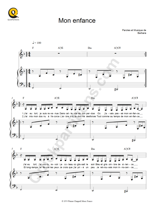 Partition piano Mon enfance de Barbara