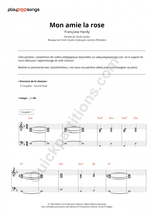 Support de cours Mon amie la rose de PlayPopSongs