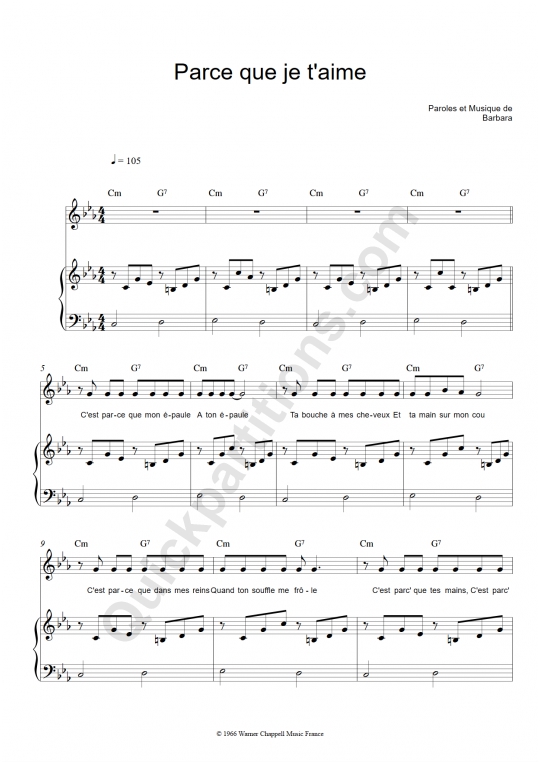 Partition piano Parce que je t'aime de Barbara