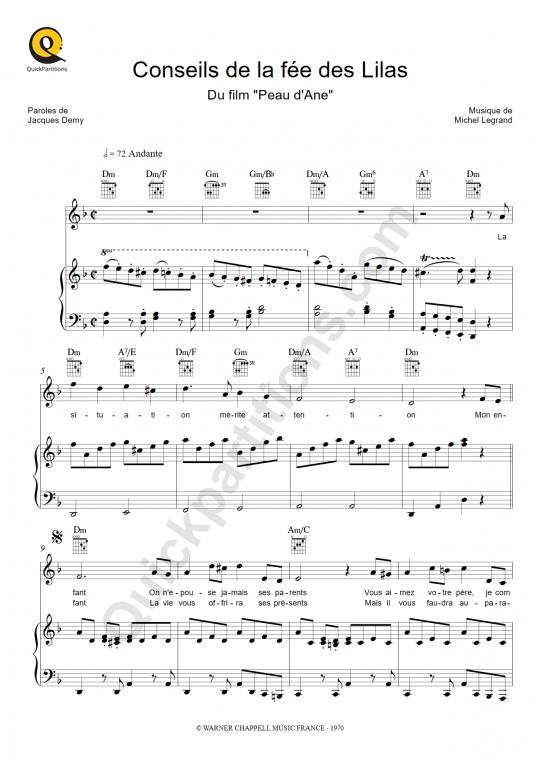 Partition piano Conseils de la fée des Lilas Peau d'Ane (Partition