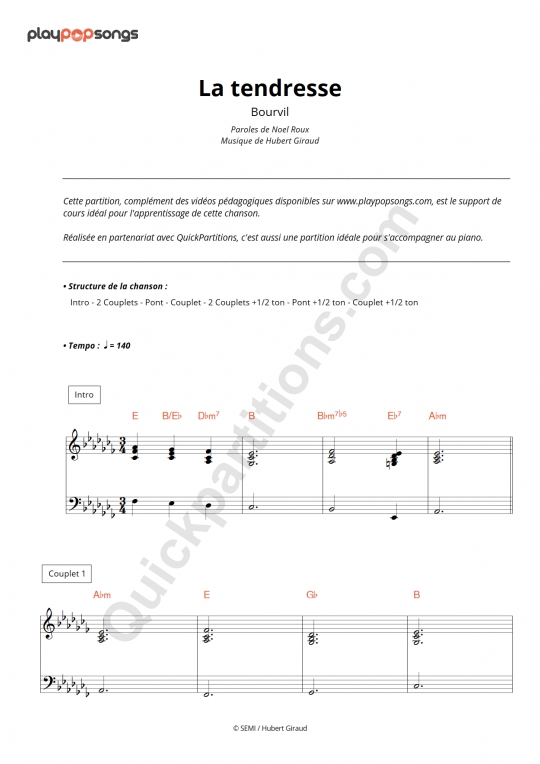 la tendresse Partitions musicales à imprimer Mondial de la partition numérique