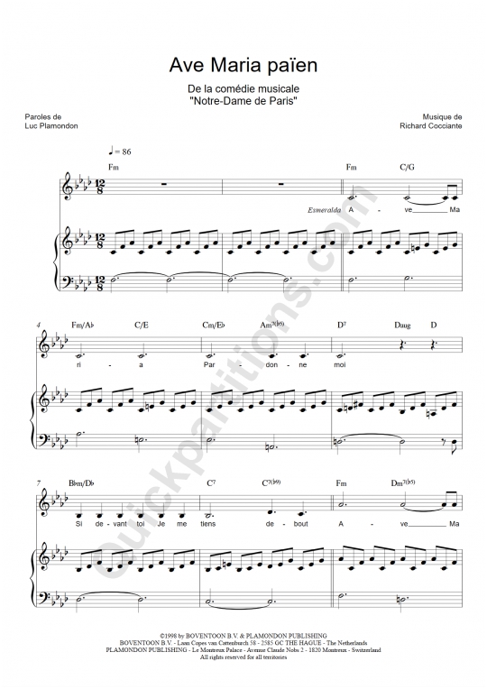 Partition piano Ave Maria païen de Notre dame de paris