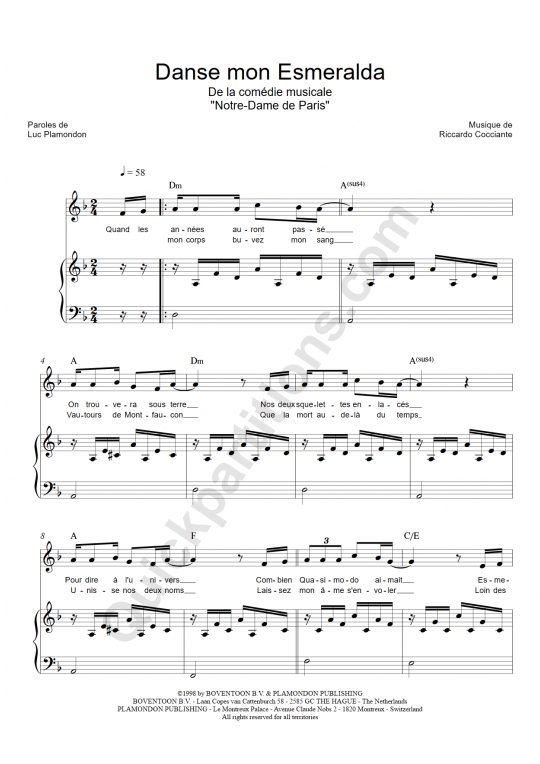 Partition piano Danse mon Esmeralda de Notre dame de paris