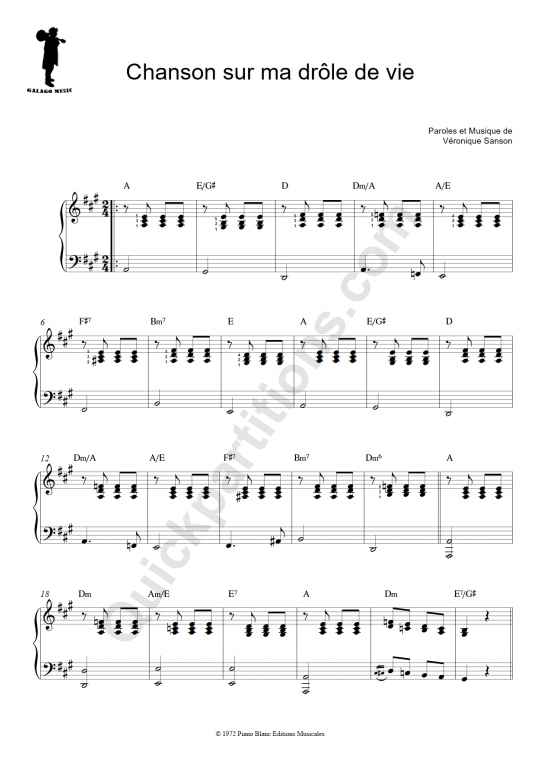 Partition piano facile Chanson sur ma drôle de vie Galagomusic