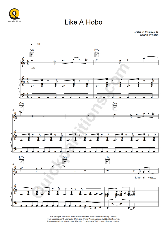 Partition piano Like A Hobo Charlie Winston (Partition Digitale)