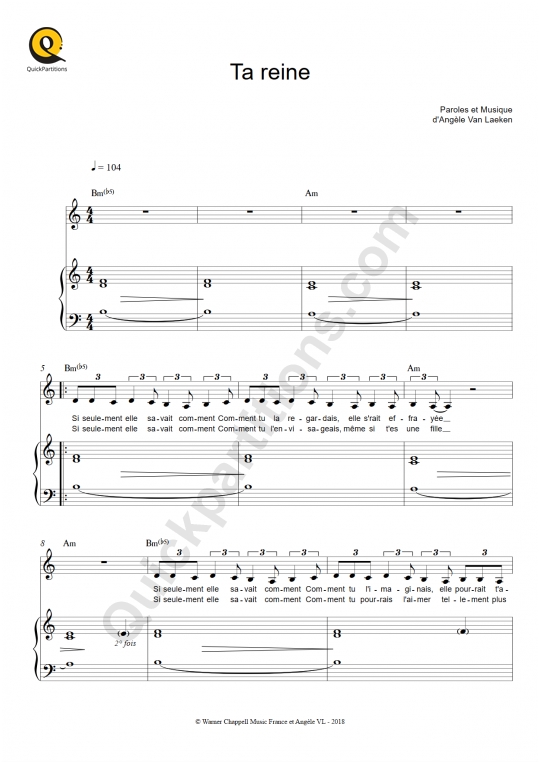 Partition piano Ta reine de Angèle