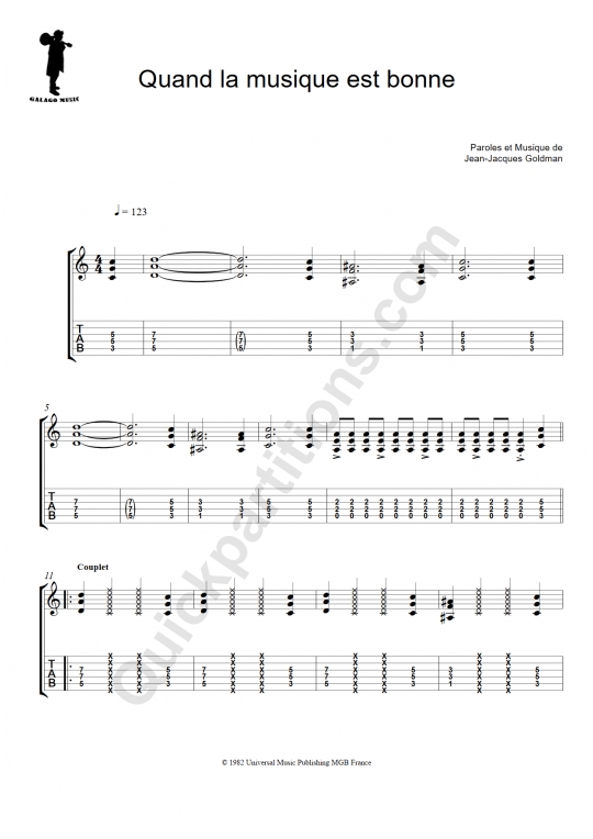 Tablature Guitare Quand la musique est bonne de Galagomusic