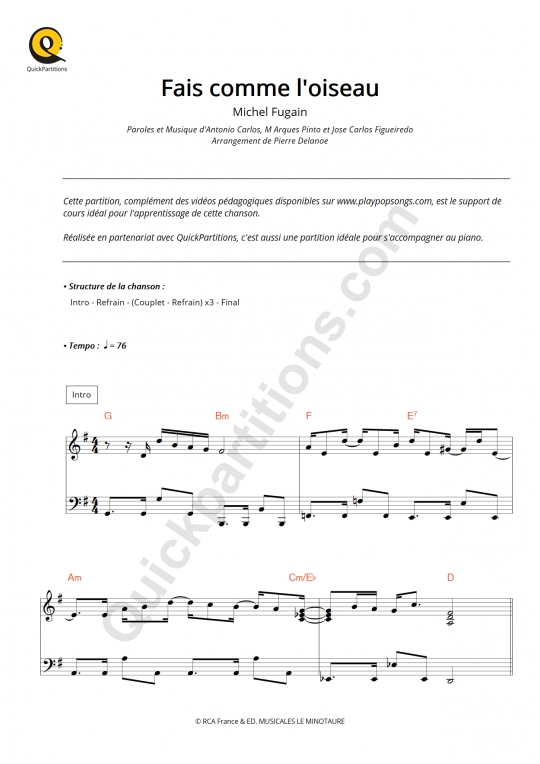 Support de cours Fais comme l'oiseau PlayPopSongs (Partition Digitale)