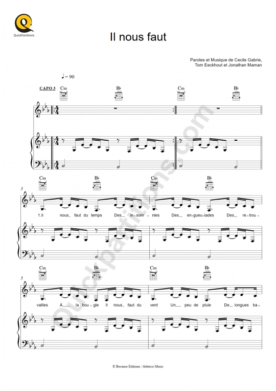 Partition piano Il nous faut Elisa Tovati (Partition Digitale)