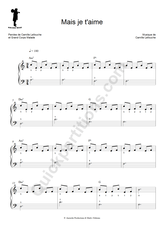 Partition piano facile Mais je t'aime de Galagomusic