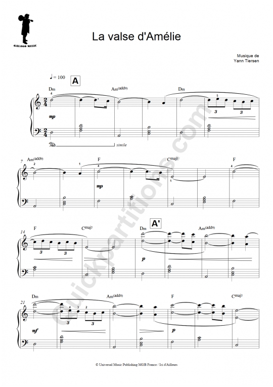 Partition piano facile La valse d'Amélie Galagomusic (Partition Digitale)