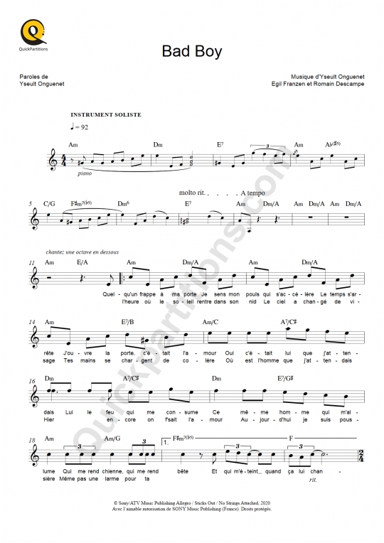 Partition pour Instruments Solistes Bad Boy de Yseult