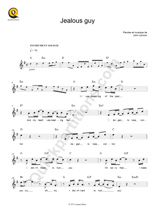 Partition pour Instruments Solistes Jealous Guy John Lennon