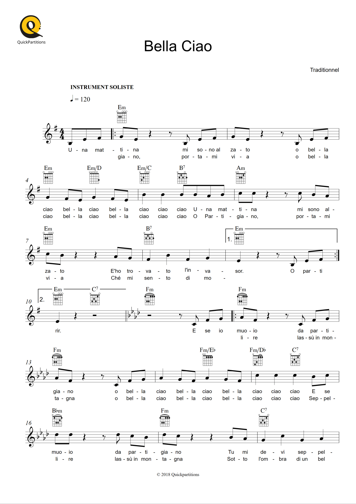 Partition pour Instruments Solistes Bella Ciao de Traditionnel