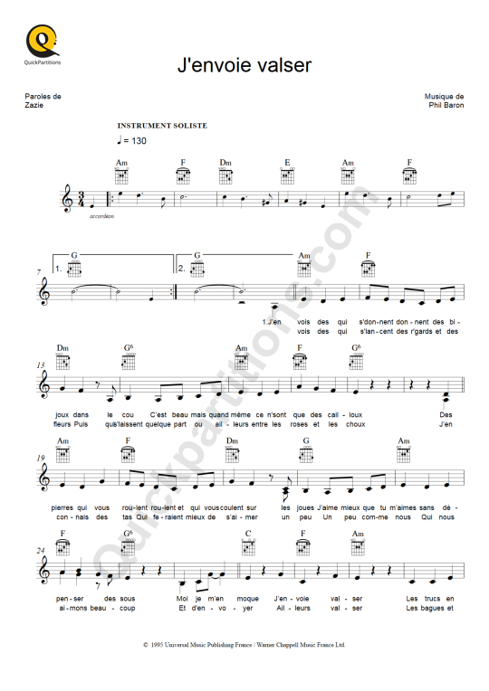 Partition pour Instruments Solistes J'envoie valser de Zazie