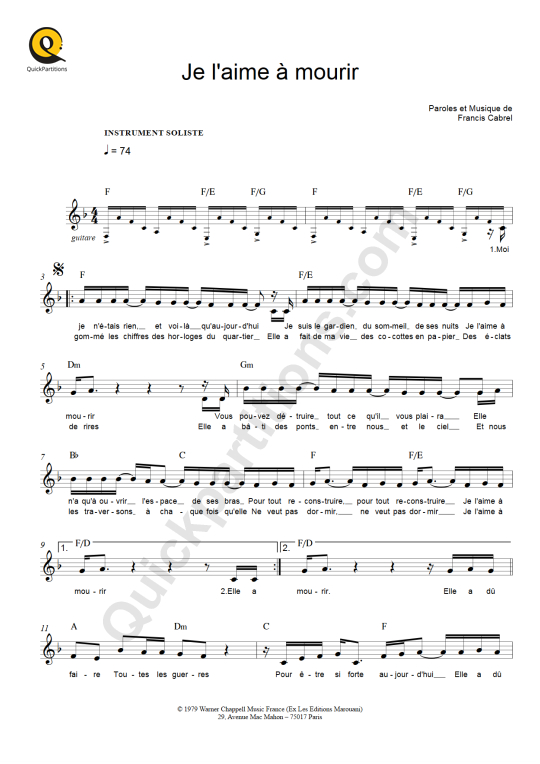 Partition pour Instruments Solistes Je l'aime à mourir de Francis Cabrel