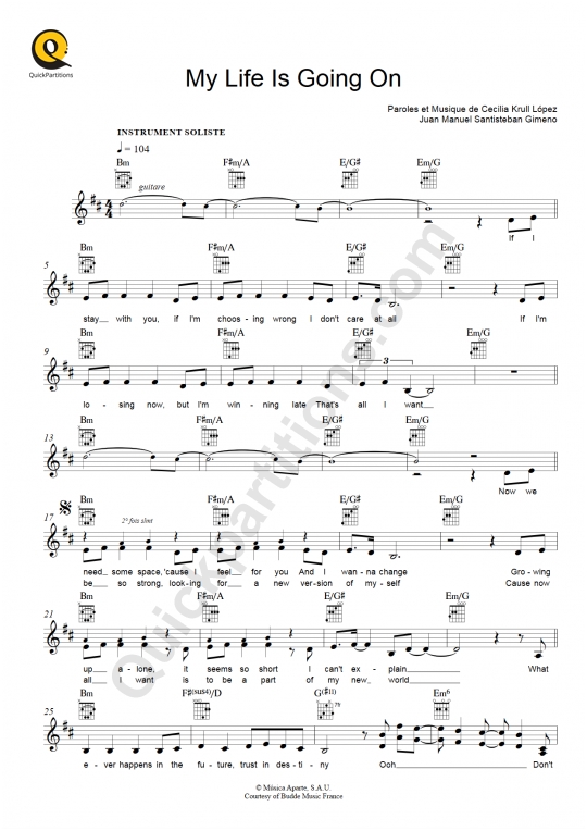 Partition pour Instruments Solistes My Life Is Going On (La Casa de