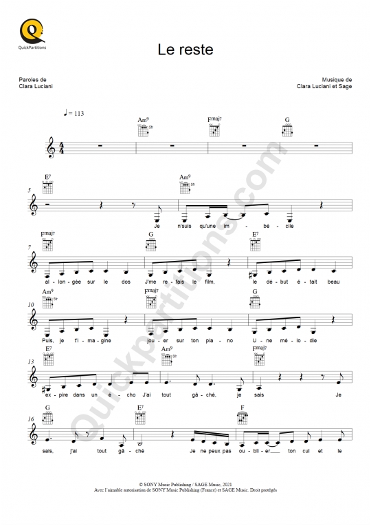 Partition pour Instruments Solistes Le reste Clara Luciani (Partition