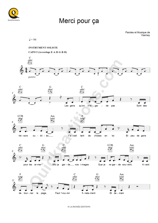 Merci pour ça Leadsheet Sheet Music Vianney (Digital Sheet Music)