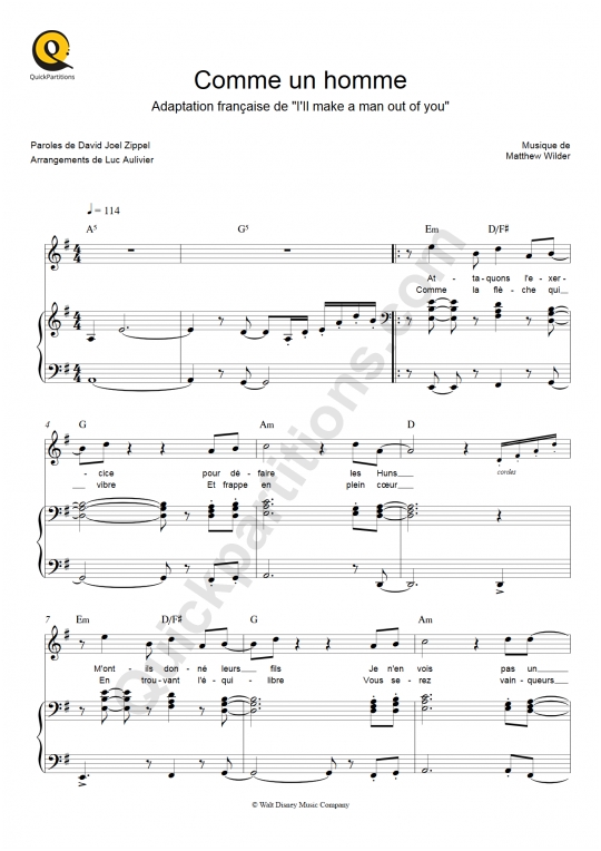 Partition piano Comme un homme Mulan (Partition Digitale)