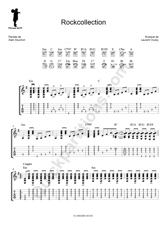 Tablature Guitare Rockcollection de Galagomusic