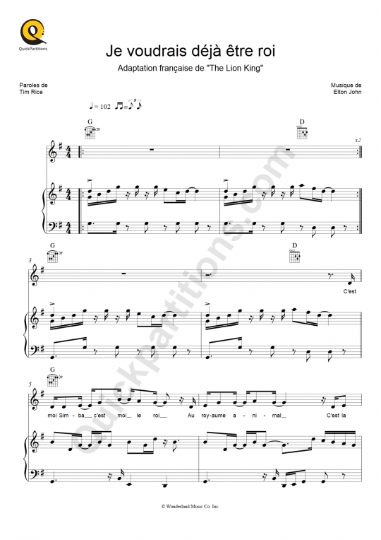 Partition piano Je voudrais déjà être roi Le roi lion (Partition