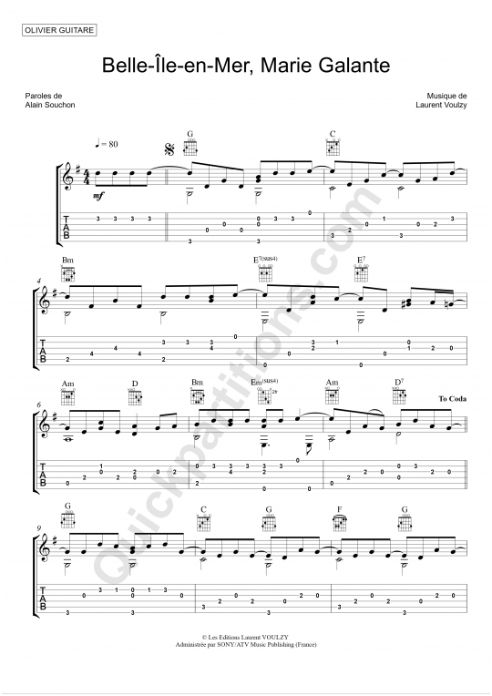 Tablature Guitare Belle Ile en Mer, Marie Galante de Olivier Gaucher