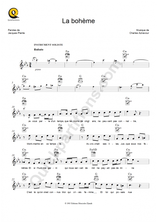 La bohème Leadsheet Sheet Music from Charles Aznavour