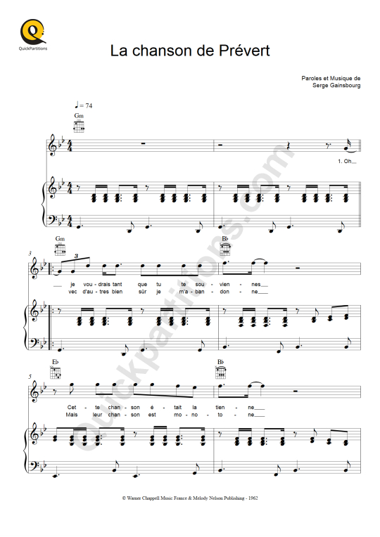 Partition piano La chanson de Prévert de Serge Gainsbourg