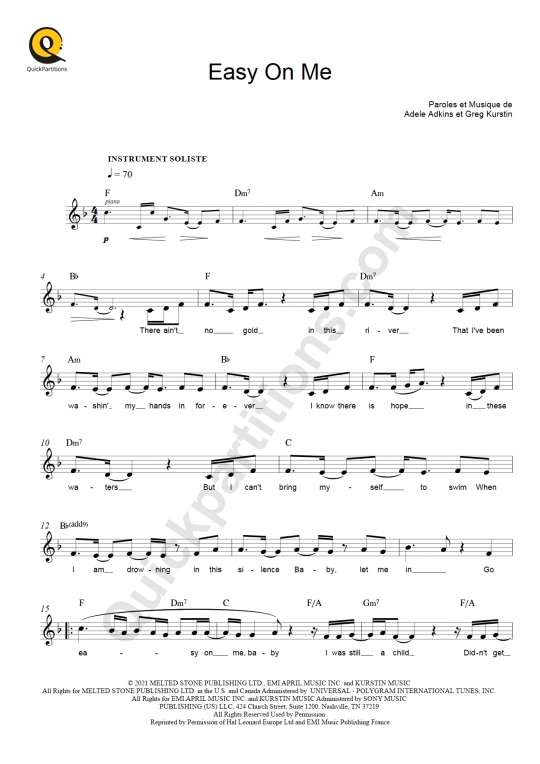 Partition pour Instruments Solistes Easy On Me Adele (Partition Digitale)