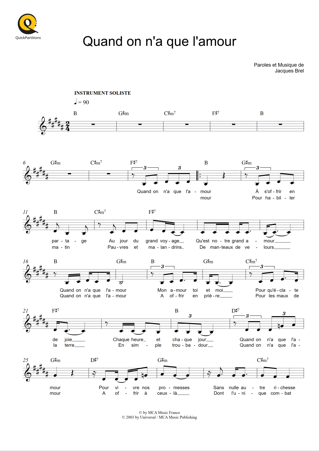 Partition pour Instruments Solistes Quand on a que l'amour de Jacques Brel