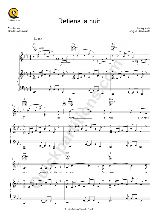 Retiens la nuit Piano Sheet Music from Johnny Hallyday