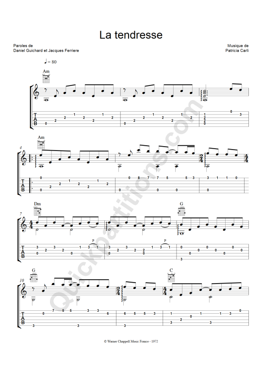 Tablature Guitare La tendresse (Guichard) de Olivier Gaucher