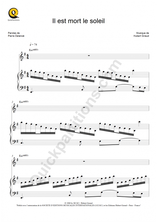 Partition piano Il est mort le soleil de Nicoletta