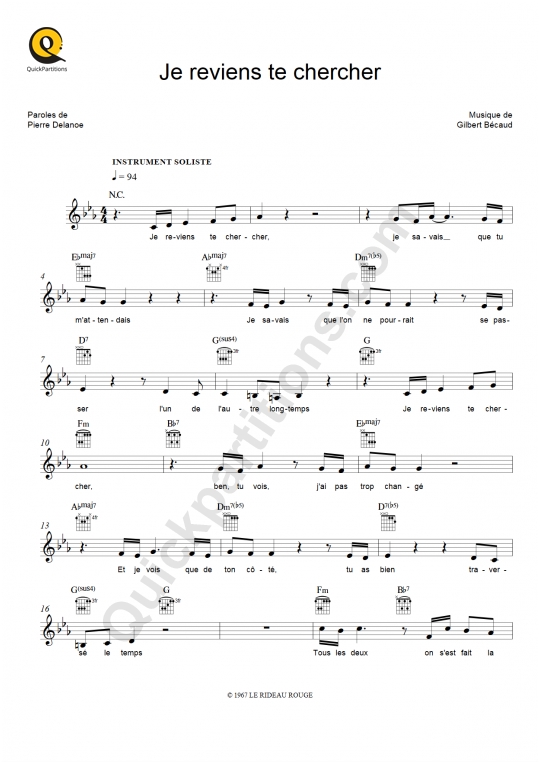 Je reviens te chercher Leadsheet Sheet Music Anne Sila (Digital Sheet