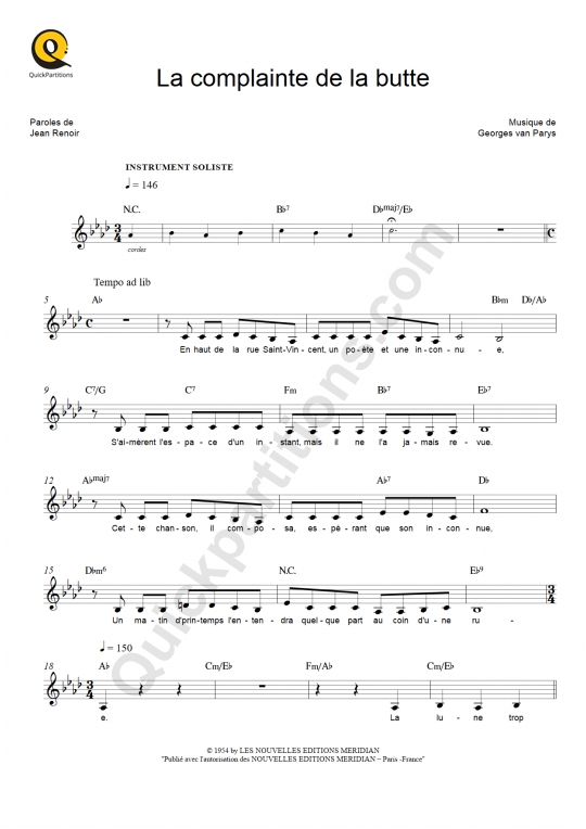 La complainte de la butte Leadsheet Sheet Music from Cora Vaucaire