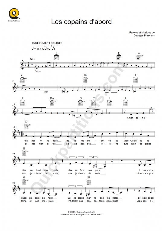 Partition pour Instruments Solistes Les copains d'abord de Brassens