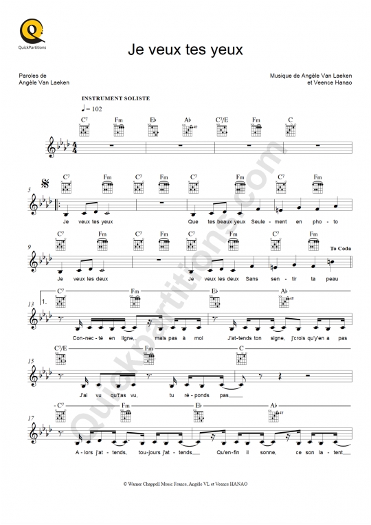 Partition pour Instruments Solistes Je veux tes yeux de Angèle
