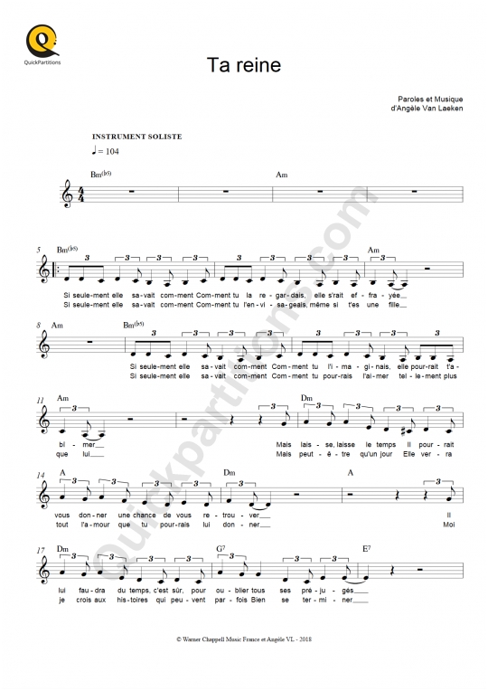Partition pour Instruments Solistes Ta reine de Angèle