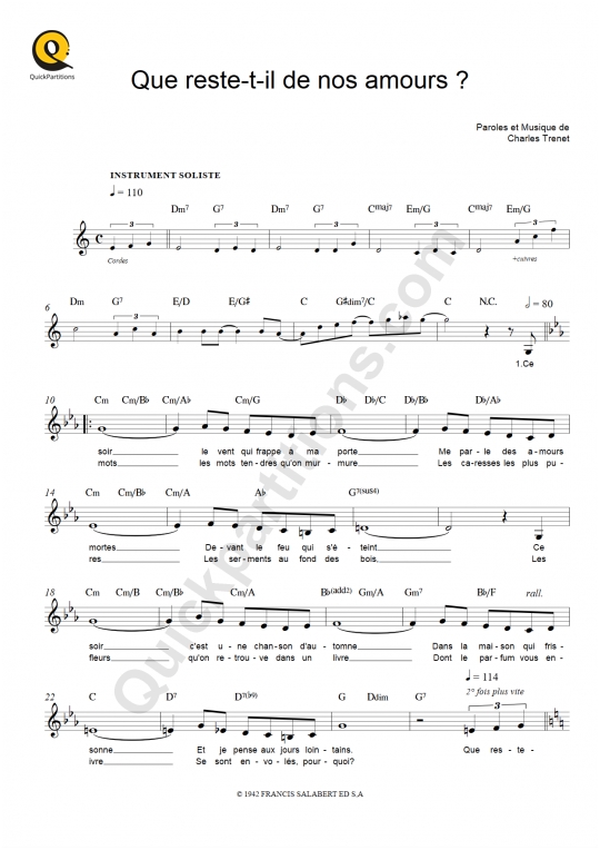 Que restetil de nos amours ? Leadsheet Sheet Music from Charles