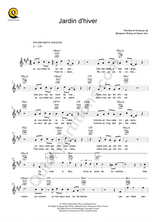 Partition pour Instruments Solistes Jardin d'hiver de Henri Salvador