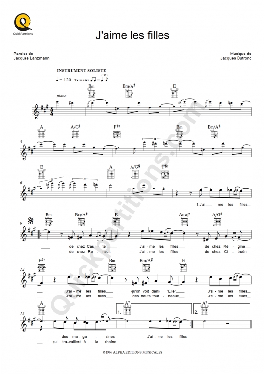 Partition pour Instruments Solistes J'aime les filles de Jacques Dutronc