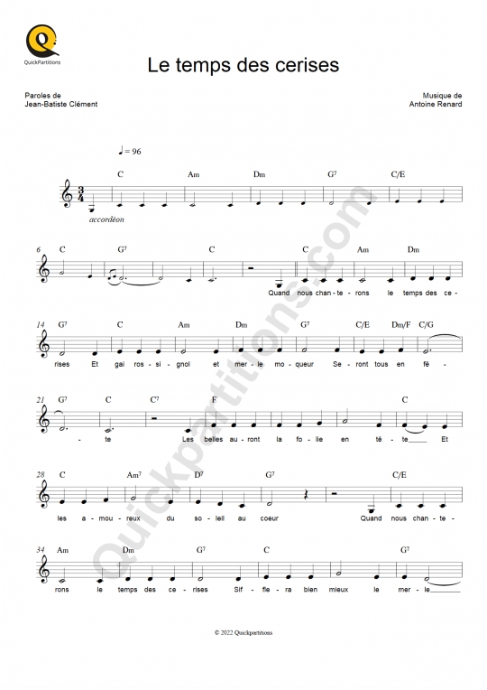 Partition pour Instruments Solistes Le temps des cerises de Yves Montand