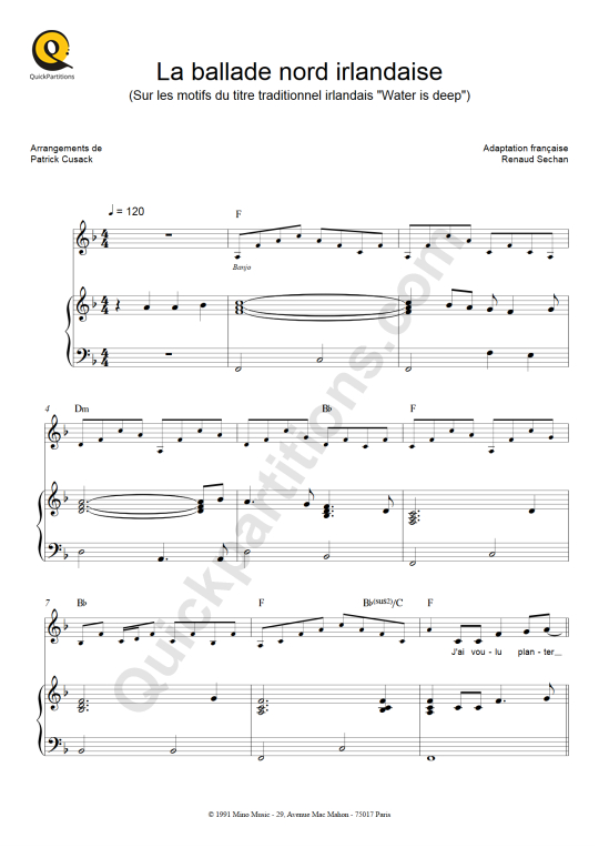 Partition piano La ballade nord irlandaise Renaud (Partition Digitale)
