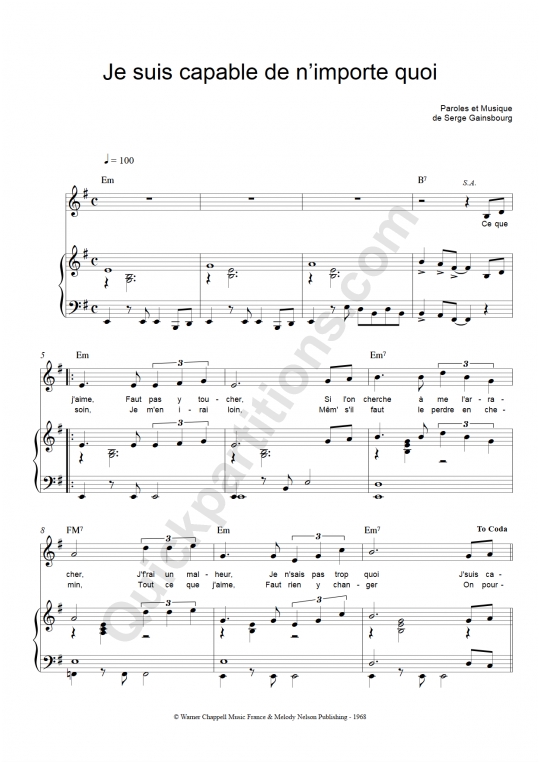 Partition piano Je Suis Capable De N'importe Quoi Serge