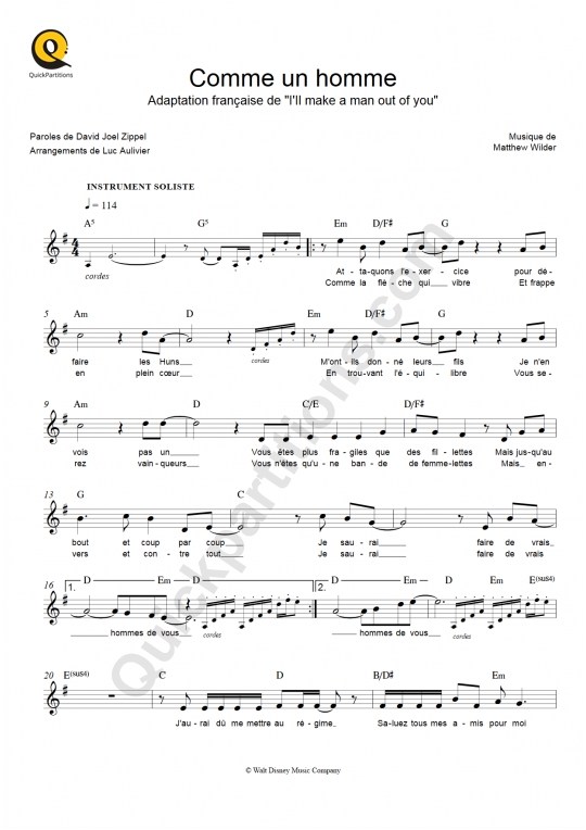 Partition pour Instruments Solistes Comme un homme Mulan (Partition