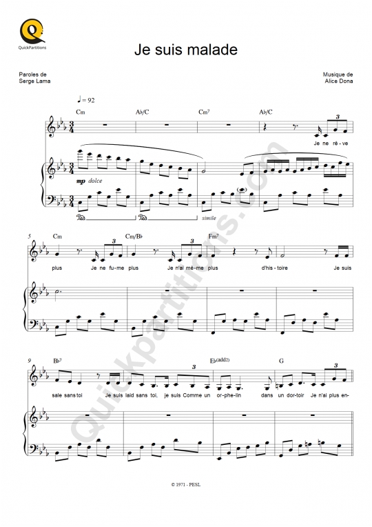 Je suis malade Piano Sheet Music from Serge Lama
