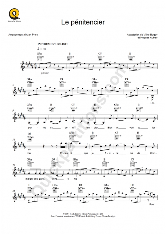 Partition pour Instruments Solistes Le pénitencier de Johnny Hallyday