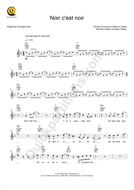 Partition pour Instruments Solistes Noir c'est noir de Johnny Hallyday