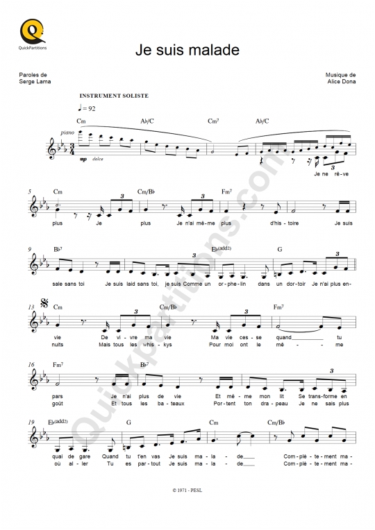 Partition pour Instruments Solistes Je suis malade de Serge Lama